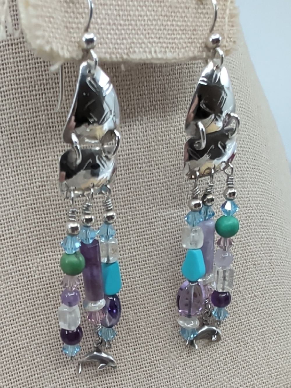 Signed Sterling Silver Dolphin Artisan Chandelier Earrings FL Keys 1990s - Picture 10 of 17
